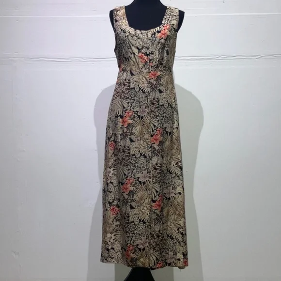 Brown and coral cool toned floral button down adjustable waist long dress - Picture 13 of 14